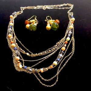 Loft Gold Tone Multi Strand Necklace & Earrings With Earth Tone Beads